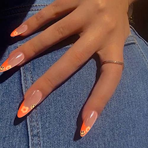 Votacos Press On Nails Medium Almond Fake Nails Nude And Orange False Nails With Funny Design Glossy Stick On Nails For Women #TOP1