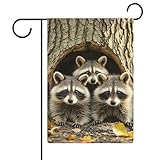 Drapeaux de bienvenue pour jardin, ratons laveurs double face dans le trou d'arbre d'automne imprimés saisonniers, bannières d'extérieur pour les vacances à l'extérieur, le porche, la pelouse