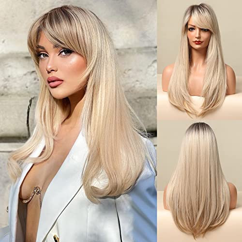 Honygebia Long Blonde Wig with Fringe, Dark Root Blonde Ombre Wigs for Women Striaght Wavy Synthetic Heat Resistant Hair