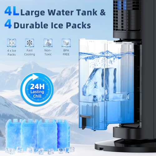 Image of 44 inch Windowless Portable Air Conditioners w /4 Modes & 3 Speeds,12H Timer, 4L Tank for 24H Cooling Evaporative Air Cooler, 4 Ice Packs,17Ft Remote, 120 Oscillating Swamp Cooler Air Conditioner