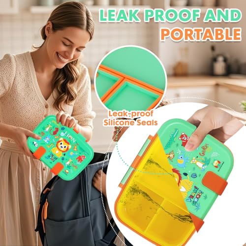 Image of Cute Cartoon Bento Lunch Box for Kids, 800ml /27oz BPA-Free Leak-Proof Food Containers with 3 Compartments, Dishwasher Safe, Back to School Students Lunches Size for Ages 3-7