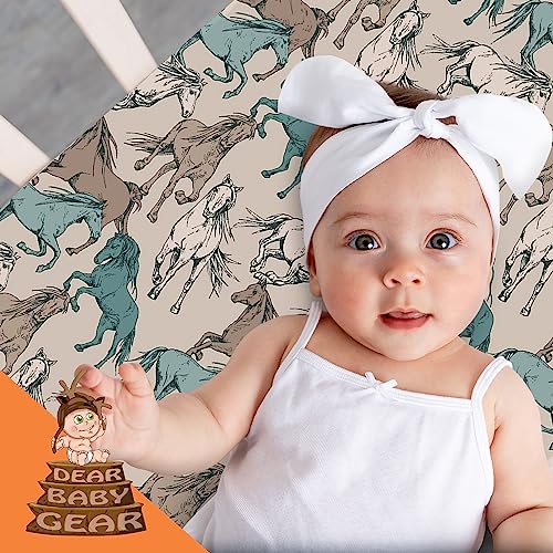 Image of Dear Baby Gear Baby Crib Sheets - Toddler Bed Sheets - Breathable Fitted Bed Sheet - Nursery Bedding - Crib Mattress Sheet for Girls & Boys - 52x28x10 (Tan Teal and Cream Horses on Natural Print)