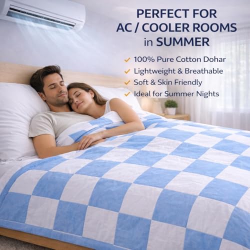 Image of Double Bed Dohar Blue & White Checkered | Lightweight Summer Quilt | Pure Cotton AC Blanket | Breathable All Season Comforter | Skin Friendly Bed Cover