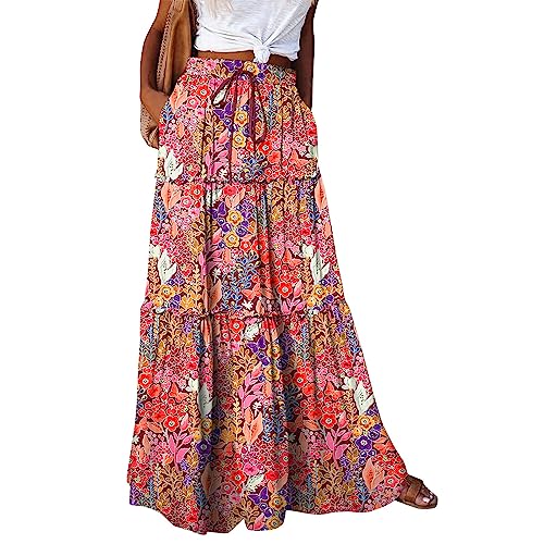 Maxi Skirts for Women 2025 Floral Beach Tiered Boho Skirt Drawstring Flowy Long Skirt Casual High Waisted Skirts