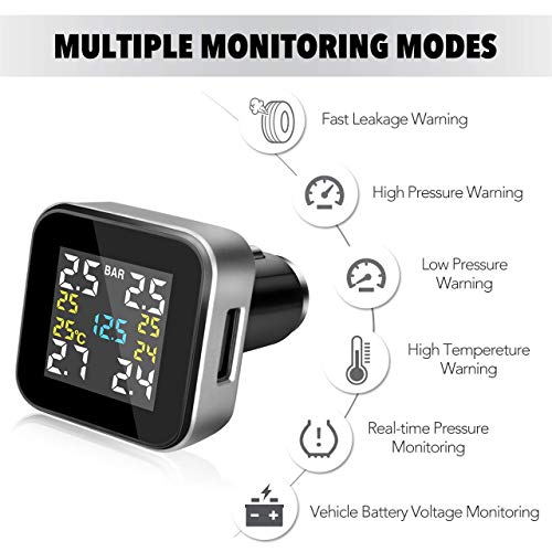 Tymate Tire Pressure Monitoring System - Full-Color Screen Design, 6 Alarm Modes, CLA Charging Method, Simple Installation and Setup, with 4 Advanced External Tmps Sensor (0-0.6 Bar/ 0-87 PSI) - Thumbnail 4
