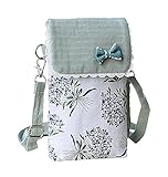 Leuchtbox Handytasche Kleine Schultertasche Crossbody Umhängetasche für Damen Mädchen Baumwolle 3 Innentaschen Süßer Blumen-Print mit Schleifchen und Spitze (Minzgrün)