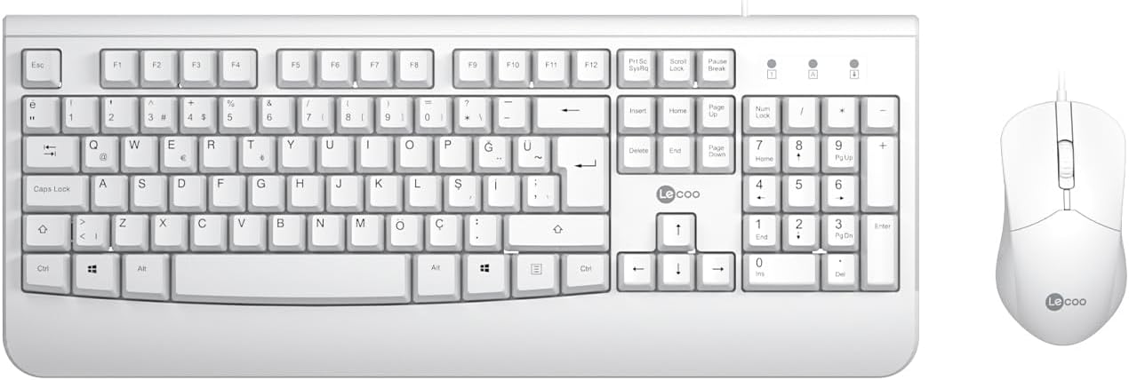 Lecoo CM105 USB Kablolu, QWERTY Türkçe Dizilim Klavye, 1200DPI Optik Fare, Bilek Dinlendirme, Evrensel Uyum Türkçe Q Klavye & Mouse Set Beyaz