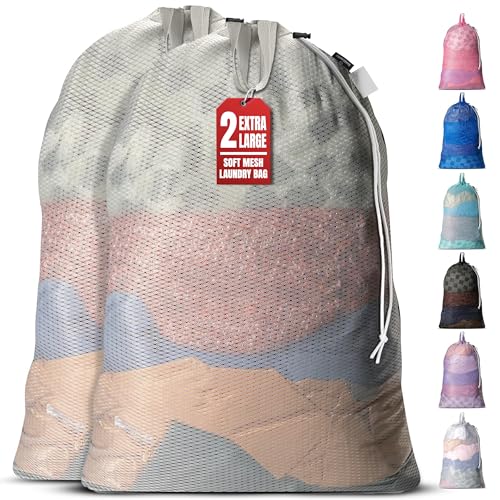 Handy Laundry Mesh Laundry Bags 24 x 36 Inches, 2-Pack - Extra Large Heavy Duty Bag with Handles & Shoulder Strap, Breathable, Machine Washable for Dorm, Travel, Bedding & Storage - Grey