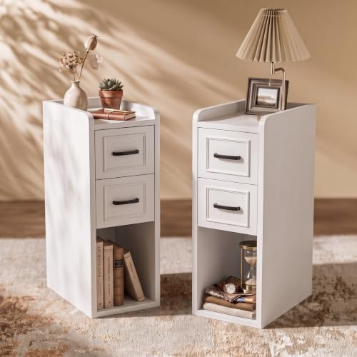 White Narrow Nightstand Set of 2, Skinny Bedside Tablees, Slim End Tables