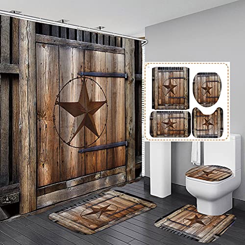 Camille&Andrew 4PCS/Set Western Texas Star on Wood Door Shower Curtain, Vintage Brown Barn Door Rustic Wooden Plank Rural Country Farmhouse Bathroom Decor, Non-slip Bath Rug Toilet Carpet, Garage Door
