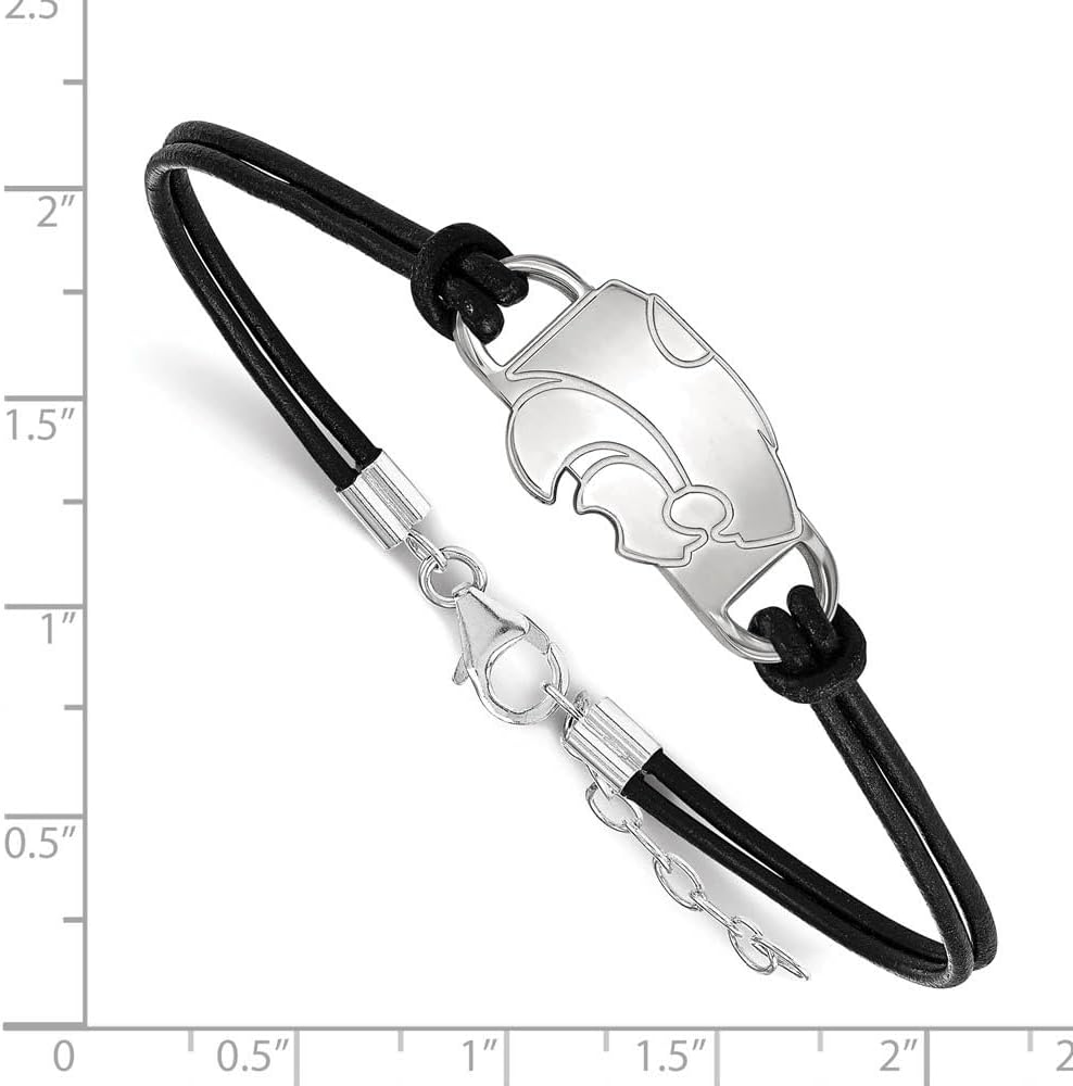 LogoArt Sterling Silver Kansas State University Leather Bracelet Small Center