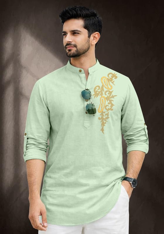 Image of Cotton Blend Self Design Printed Casual Short Kurta for Men Long Sleeve Mandarin Collar Stylish Kurta Shirt for Men