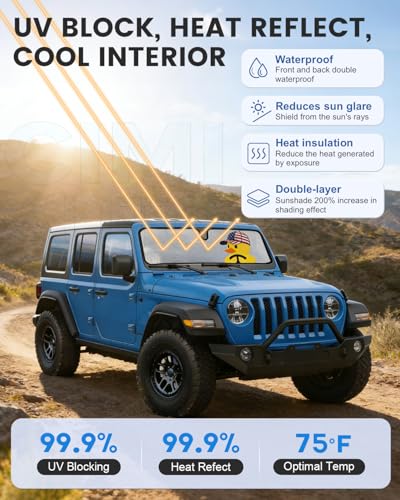 Image of Cute Windshield Sun Shade for Jeep Wrangler TJ JK JL JKU JLU & Gladiator JT 1997-2026 | USA Flag Duck Pattern Funny Sunshade Heat Shield | Foldable UV Block Windshield Sun Visor for Jeep Wrangler