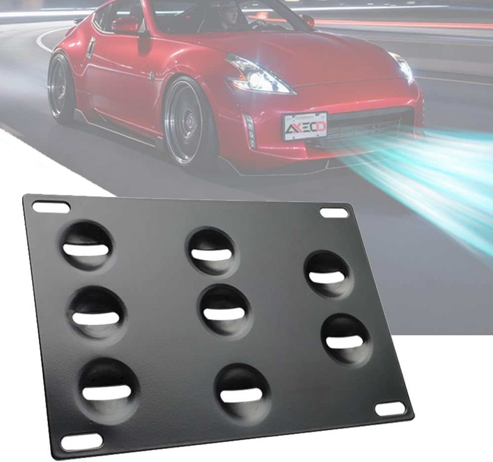 Front Bumper Tow Hook License Plate Bracket Holder Relocator Compatible with Nissan 09-18 370Z Z34 GTR R35 Sentra, 04-17 Infiniti G37 2dr Coupe / Q60 / Q50 (NOT fit with Front Parking Sensor)