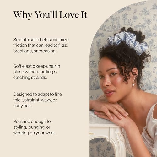 Image of Bridgerton x Kitsch Satin Scrunchies for Women, No Snag, No Tugging, Soft & Comfortable Scrunchies for Girls, Perfect for Day or Night | Ideal Gifts for Women - Toile De Blue, 2pcs
