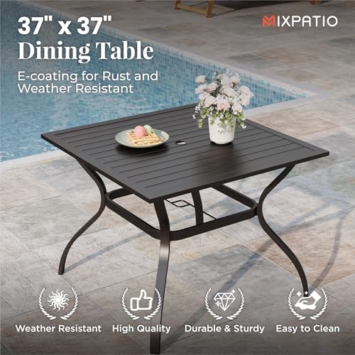 Image of MIXPATIO 5 Pieces Patio Table and Chairs Set, 4 Person Outdoor Dining Furniture Set, 4 Brown Textilene Chairs and 37 inch Square Metal Table with Umbrella Hole, for Deck Backyard Lawn