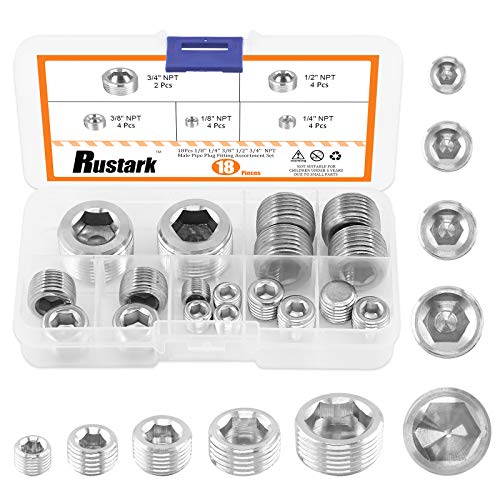 Rustark 18 Pcs 304 Stainless Steel Pipe Plugs Assortment Set with 1/8" 1/4" 3/8" 1/2" 3/4" NPT Pipe Fitting, Countersunk Thread Internal Hex Head Male Plug for Water Pump Ports