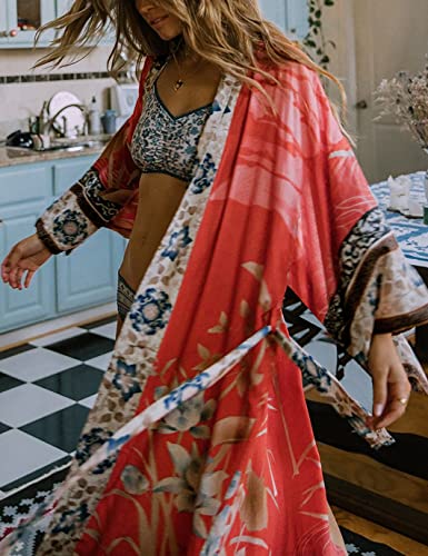 Eddoyee Print Bikini Cover Ups Long Sleeve Swimwear Women Print Beach Kimono Cardigan With Belt Swimsuits Red #TOP4