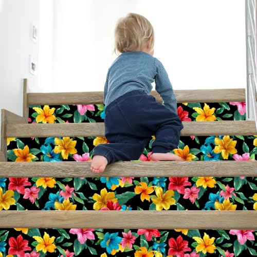 Image of Spring Summer Tropical Hibiscus Wall Decals, Colorful Hawaiian Floral Peel and Stick Wallpaper for Home Refresh, Spring Cleaning Mural, Mother's Day Decor, 39.37x15.75 Inch