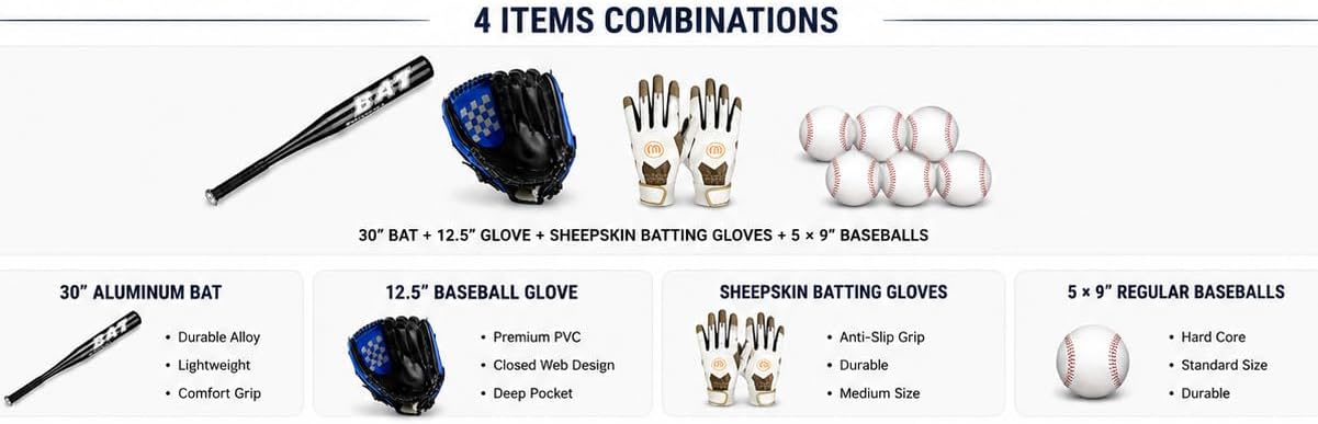 Baseball Equipment Bundle Set-30 Aluminum Softball Bat, 12.5" Baseball Mitts, Sheepskin Batting Gloves & 5 Baseballs in Multiple Combo Options