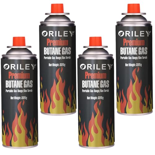 Image of ORILEY 4 x 225g Butane Gas Canister Portable and High Pressure Refill Fuel Cartridges for Camping Stove Outdoor Cooking & Lighter Welding Torch Fogging Machine (Pack of 4)