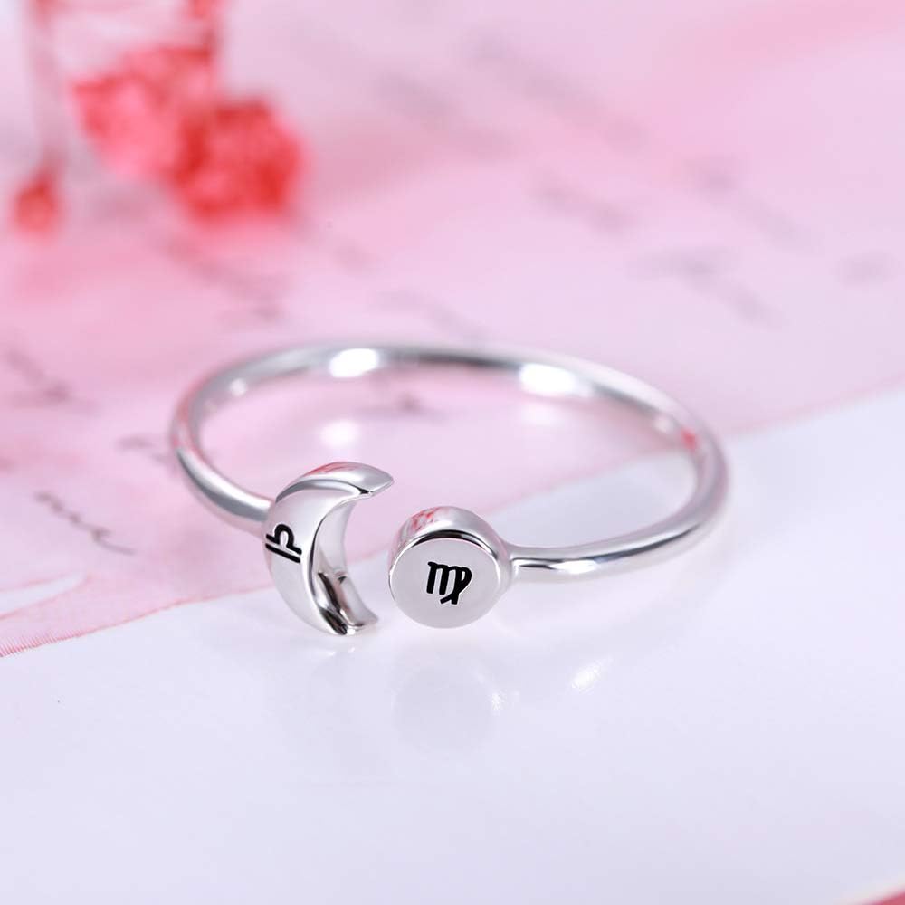 AILIN 925 Sterling Silver Sun and Moon Ring Adjustable Custom 12 Zodiac Constellation Engraved Rings Birthday Valentine's Day Jewelry Gifts for Women Girlfriends Sisters Cousin