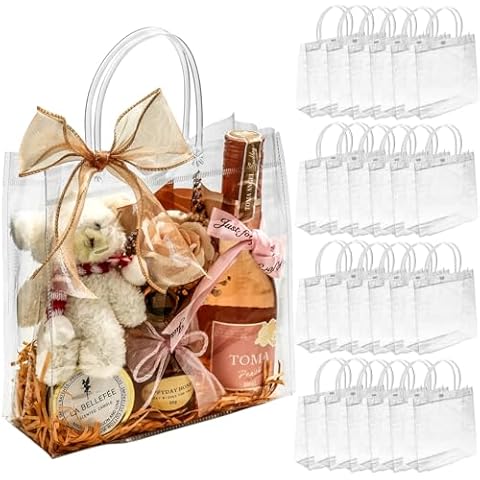 25 PCS Clear Gift Bags with Handles, Transparent Party Favor Bags, Reusable Goodie Bags with Ribon, Ideal for Halloween, Christmas, Weddings, Birthdays, and Celebrations Cover
