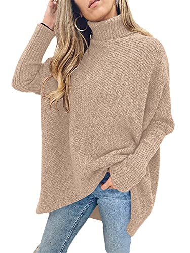Image of ANRABESS Womens Casual Fall Sweater Turtleneck High Neck Batwing Sleeve Oversized Sweater Dress A87-shenxing-S Deep Apricot