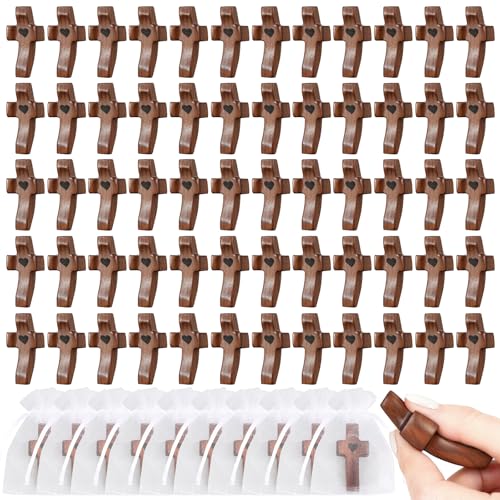 60Pcs Wooden Cross Bulk Worry Cross with Organza Bags Handcrafted