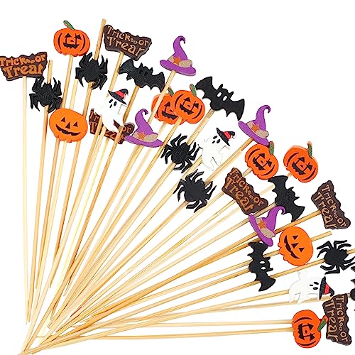 FOIMAS 140pcs Halloween Cocktail Picks,Pumpkin Spider Ghost Bamboo Toothpicks Sticks