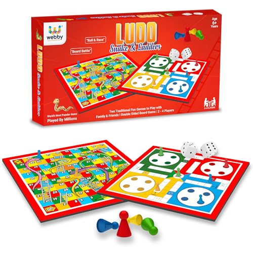 Image of Webby Ludo with Snake and Ladders Double Sided Board Game | Portable Travel Set | Traditional Fun Family Game for Kids and Adults