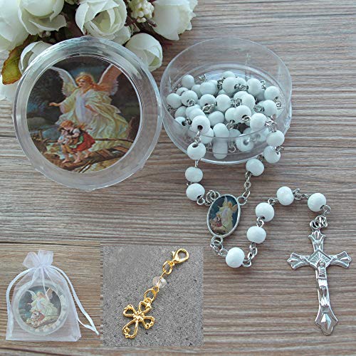 First Communon Baptism White Scented Rosary Favor - 12 Guardian Angel Rosaries With Individual Gift Box And Bag #TOP11