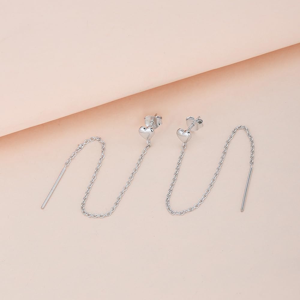 Vanbelle 925 Sterling Silver Jewelry - Dangling Chain & Heart Stud Threader Earring - Rhodium Plated - Classic Lightweight Valentine Gift for Her - Image 4