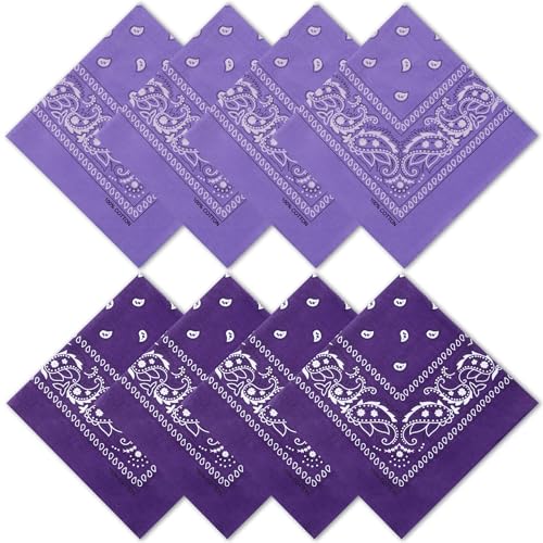 Raylarnia 8 PCS 100% Cotton Bandanas 22 Inchs Multi-Purpose Bandana Scarfs Headbands for Men and Women (4-Purple/4-Light Purple)