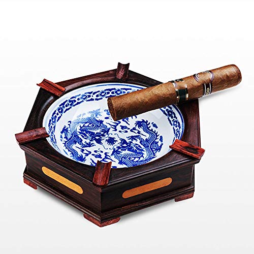 Quesheng Ceramic Ashtray With Solid Wood Base, Hexagonal Old-Fashioned Classic Desktop Ashtray #TOP2