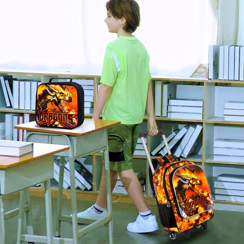 3PCS Rolling Backpack for Boys, Kids Roller Bookbag with Wheels, Dragon Wheeled School Backpack for Elementary Preschool Kindergarten(Orange)2