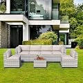 JMGJOY 7 Pieces Outdoor Patio Furniture Set, Rattan Sectional Sofa, Conversation Set with Waterproof Cushion and Coffee Table, for Deck, Backyard, Garden, Field Gray