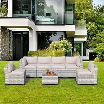 JMGJOY 7 Pieces Outdoor Patio Furniture Set, Rattan Sectional Sofa, Conversation Set with Waterproof Cushion and Coffee Table, for Deck, Backyard, Garden, Field Gray