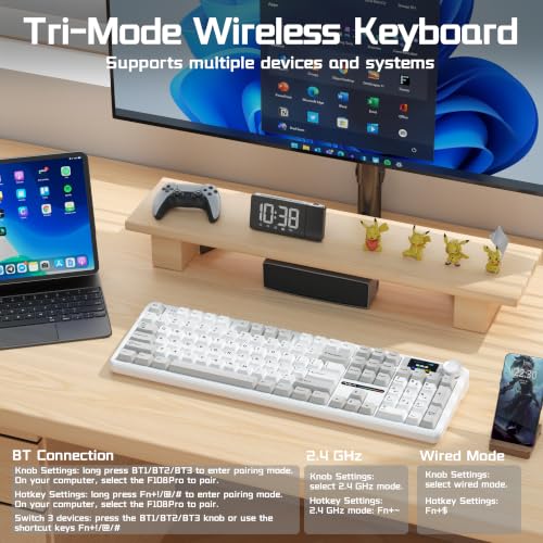 Image of AULA F108 PRO Wireless Mechanical Keyboard with Screen & Knob, Full Size Keyboard with Silent Switch, Tri-Mode BT5.0 /2.4GHz /USB-C, Pre-lubed Switches, RGB Backlit Hot Swappable Custom Gaming Keyboards