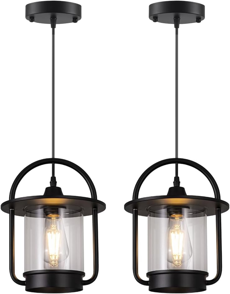Black Pendant Lights Kitchen Island, Modern Mini Hanging Light Fixtures with Clear Glass, Farmhouse Kitchen Pendant Lighting Over Island for Sink Dining Room 2 Pack