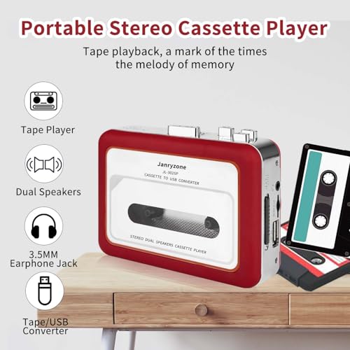 Dual Speaker Pure Stereo &Auto Reverse Cassette Player，Portable Cassette to USB Converter，Cassette Tape Player with Dual Power Options，Built in 3.5mm Headphone Jack by Janryzone - Image 2
