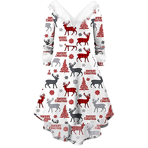 SZITOP Christmas Vintage 1950s Dress for Women Cute Christmas Print Winter Elegant Long Sleeve V Neck Skirts Flowy Swing Hem Evening Party Prom Dresses Cocktail Gowns with Belt(T-White,XX-Large)