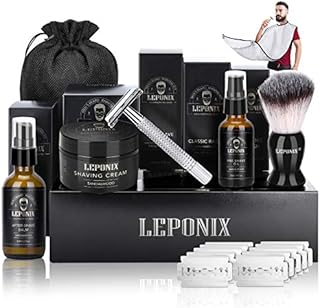Shaving Kit for Men, Include Safety Razor, Sandalwood Shaving Cream, Mens aftershave, Pre Shave Oil, Shaving Brush, Shaving Apron Bib Shaving Gifts Set for Men Boyfriend Him Stocking Stuffers (Black)