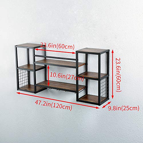 Industrial Hanging Wine Rack Wall Mounted With 5 Stem Glass Holder,47.2In Rustic Wine Glass Rack Wall Mount,Wine Glass Shelf Metal Floating Bar Shelves,Wine Bottle Holder Wall Shelf Wood Shelves #TOP2