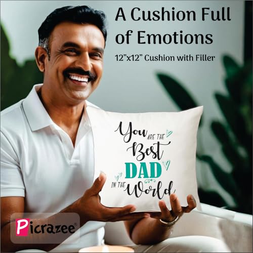 Image of PICRAZEE Father Gift Combo 6-in-1 | You are the Best Dad Cushion with Filler (12x12), Ceramic Mug, Trophy Standy, Fridge Magnet, MDF Keyring & Greeting Card | Birthday Gift for Father