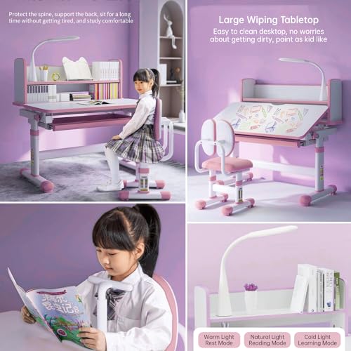 Juego de Escritorio y Silla para Niños de 3-16 Años, LYHOE Escritorio Infantil Ajustable con Silla, Mesa de Estudio Ergonómica con Tablero Inclinable, Luz LED, Cajón y Soporte para Libros (Rosa) - imagen 5