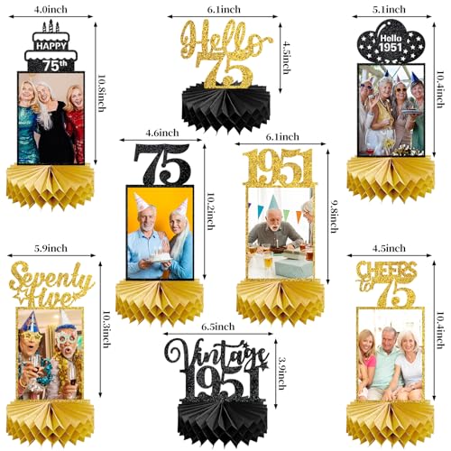 Image of Eucutur 8Pcs 75th Birthday Decorations Honeycomb Centerpieces for Women Men, Black Gold Vintage 1951 75th Bday Photo Table Centerpieces Party Supplies, Glitter Cheers to 75 Year Old Bday Table Topper