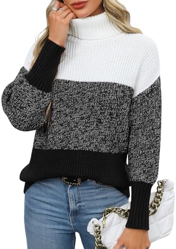 Womens Turtleneck Sweater Striped Color Block Sweaters Long Sleeve Casual Fall Knit Sweater Chunky Pullover Tops