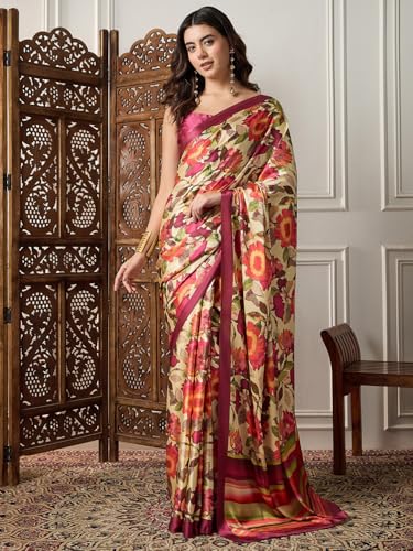 Image of AKHILAM Women's Multicolor Satin Silk Floral Printed Saree With Unstitched Blouse (SATIN1403 RJ11 Parent)