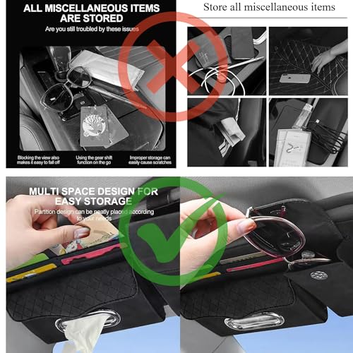 Image of DETACHI Car Sun Visor Organizer with Tissue Paper, Sunglass Pen Card Small Document Storage Pouch & Phone Holder, Leatherette, Multi-Pocket with Zipper Net-(Grey, 18X3X37CM)